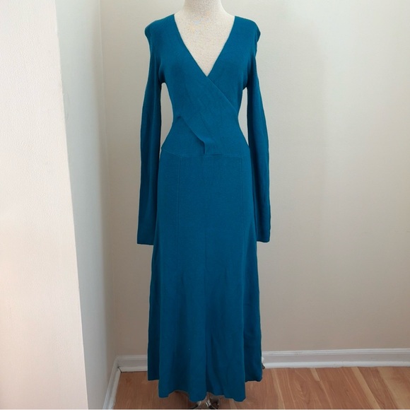 Tome Runway Teal Ribbed Merino Wool V Neck Long Sleeve Maxi Dress Size Medium - Picture 5 of 15